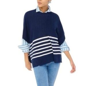 NWT J Crew Deep Blue Stripe Knit Pullover Ponch Style ONE SIZE